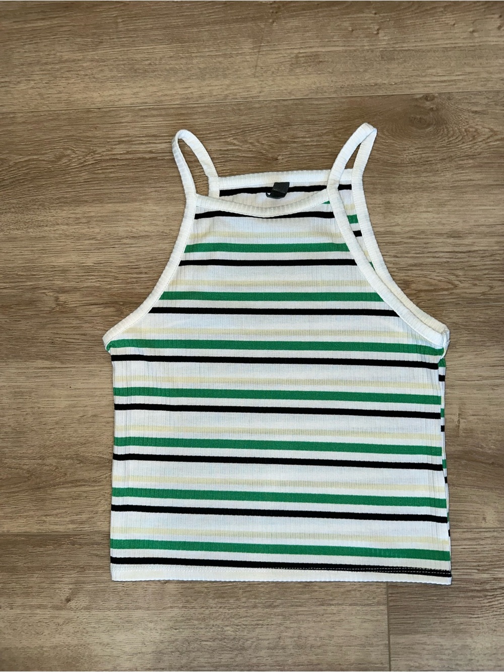Alya Green, Black and White Striped Ribbed Halter Tank